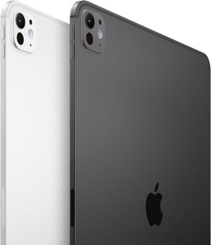 11-inch iPad Pro with OLED Nano Texture Glass in silver on the back and black on the front, showing the screen and camera.