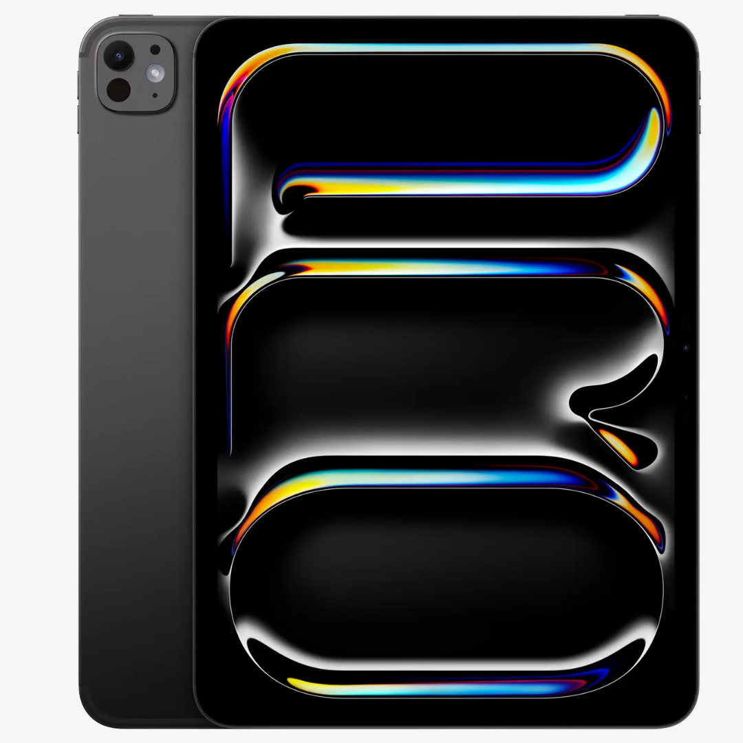 11-inch iPad Pro with OLED Nano Texture Glass black on the back and black on the front, showing the screen and camera.