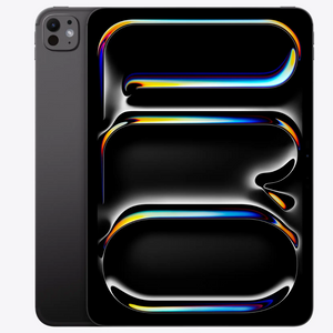 11-inch iPad Pro with OLED Nano Texture Glass black on the back and black on the front, showing the screen and camera.